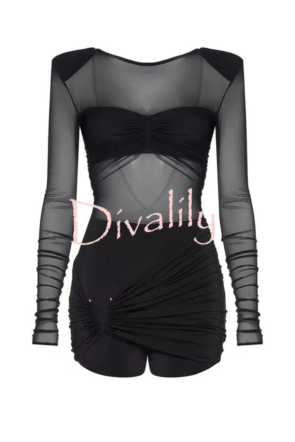 Sexy Mesh See-through Long-sleeved Backless Pleated Rompers