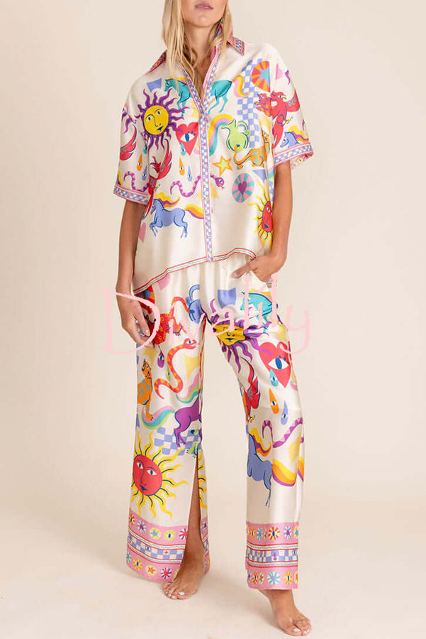 Colorful Vibes Satin Unique Print Short Sleeve Loose Shirt and Elastic Waist Pocket Slit Pants Set