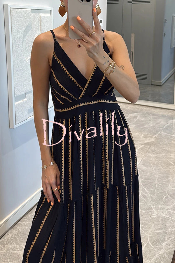 Striped Printed Suspender V-Neck Full Hem Loose Holiday Maxi Dress