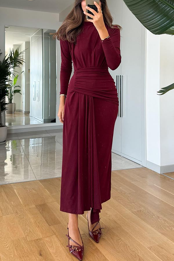 Path To Perfection Ruched Long Sleeve Drape Hem Stretch Maxi Dress