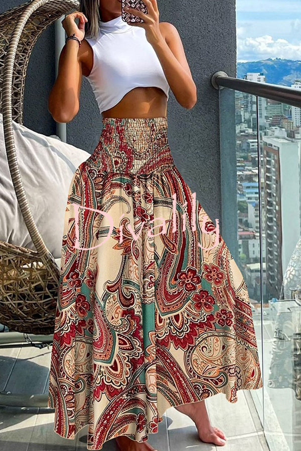 Unique Printed Pleated Elastic Waist Holiday Casual Maxi Skirt