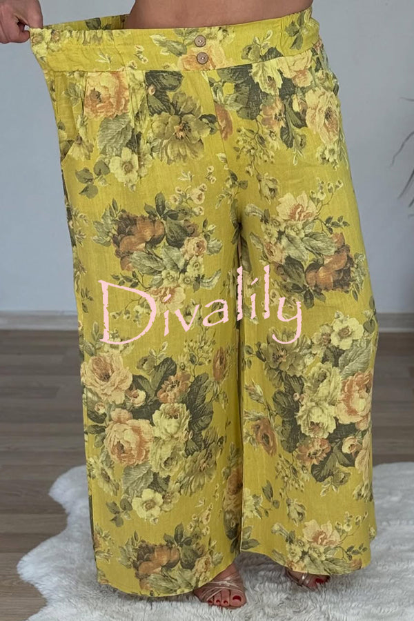 Linen Blend Crew Neck Long Sleeve Irregular Loose Top and Elastic Waist Floral Print Casual Pocket Set