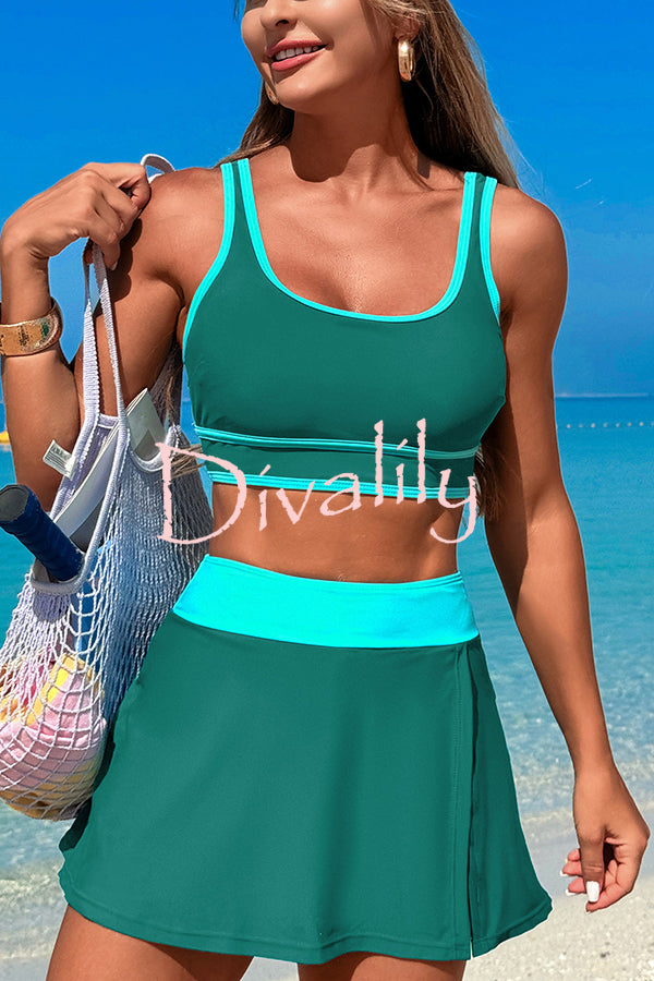 Fashion Contrast Color Stretch Sports Two-piece Bikini Swimsuit