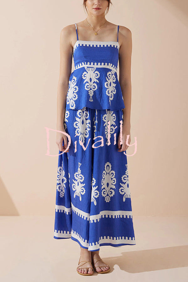 Unique Ethnic Print Suspender Pleated Top and Elastic Waist Loose Wide-leg Pants Set