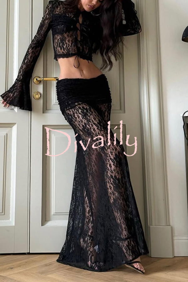 Sexy Lace Long-sleeve Lace-up Top and Pleated Sheer Maxi Skirt Set