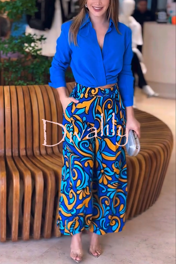 Ocean Heart Linen Blend Printed Ruched Hem Blouse and Belted High Rise Pocket Loose Pants Set