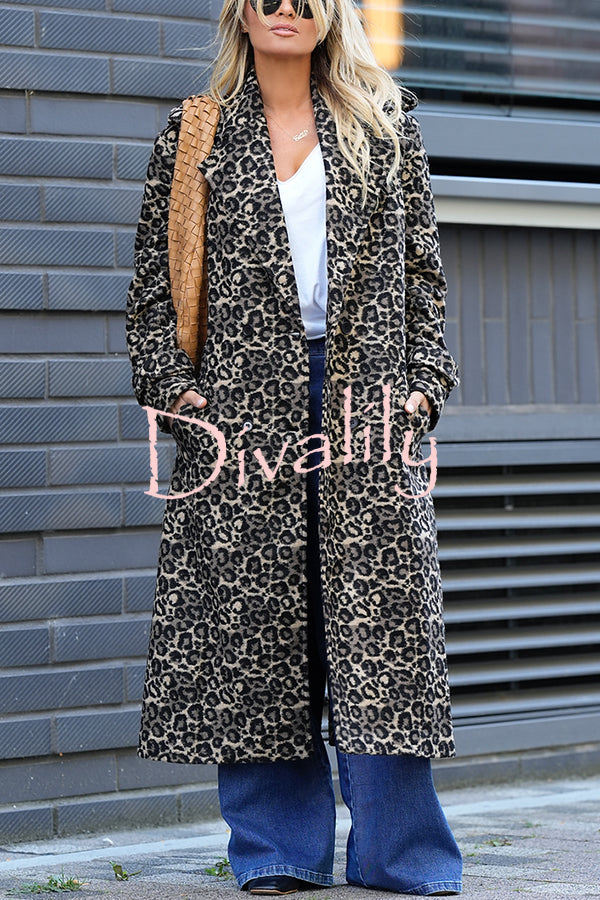 Leopard Affair Animal Print Epaulettes Long Sleeve Pocketed Lapel Midi Trench Coat