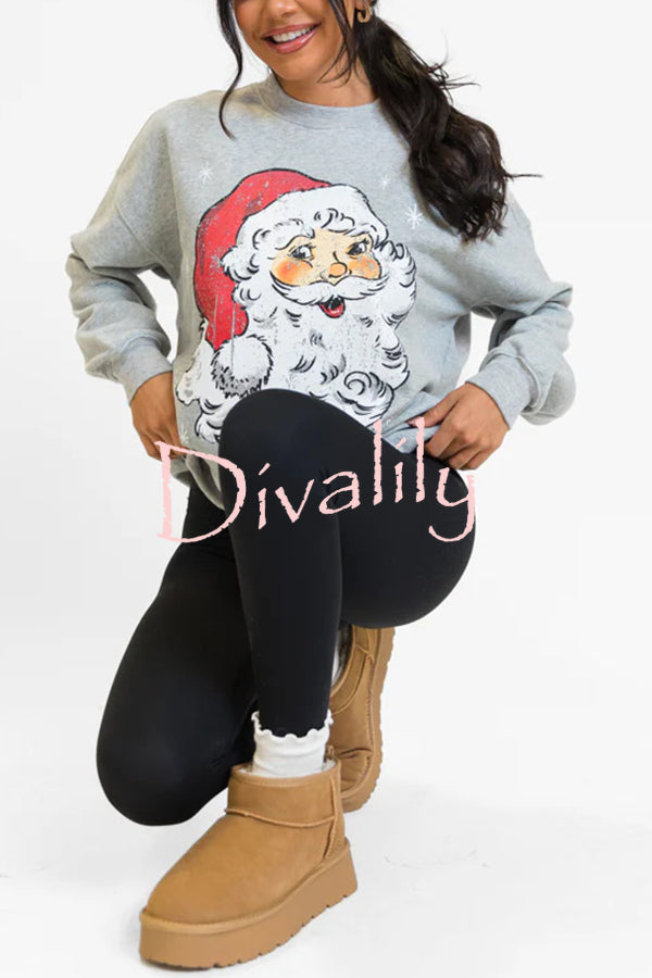 Christmas Cartoon Santa Claus Print Long Sleeve Loose Sweatshirt