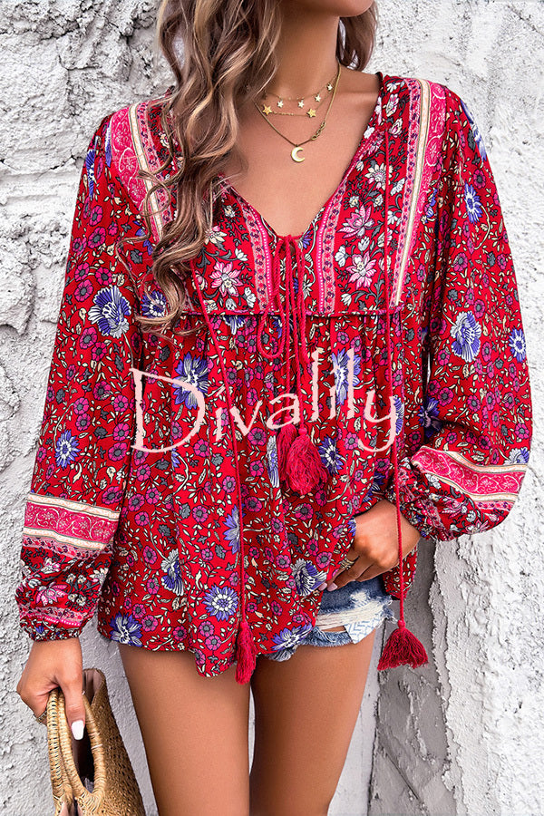 Intricate Floral Print V Neck Lace Up Paneled Long Sleeve Shirt