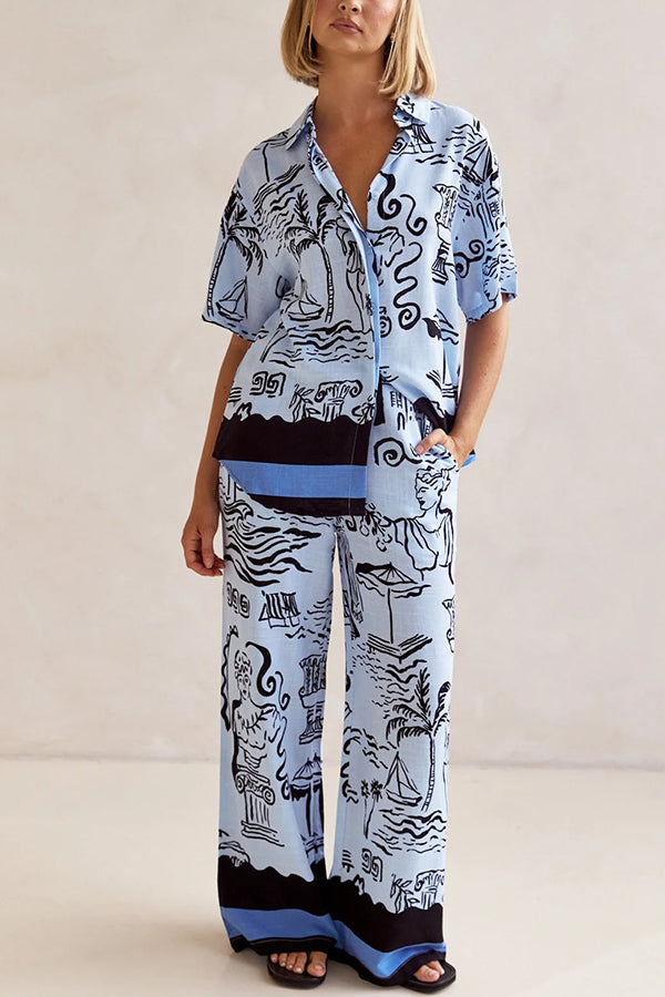 Fashionable Plant Print Loose Lapel Short Sleeve Shirt and Casual Elastic Waist Pocket Pants Set
