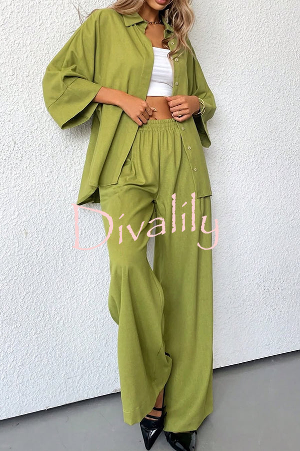 Solid Color Loose Casual Shirt and Elastic Waist Pocket Wide Leg Pants Set
