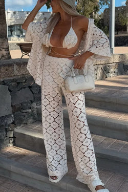 Holiday Crochet Flowers Lace Short Sleeve Shirt and Elastic Waist Wide Leg Pants Set