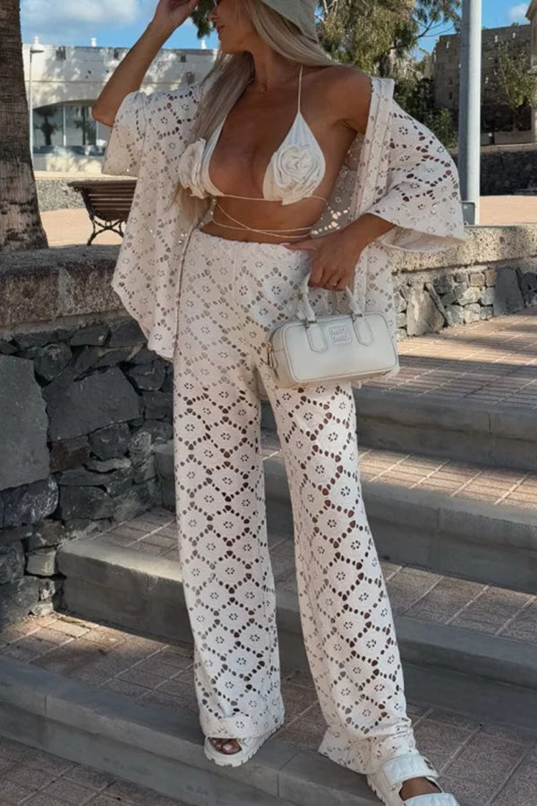 Holiday Crochet Flowers Lace Short Sleeve Shirt and Elastic Waist Wide Leg Pants Set