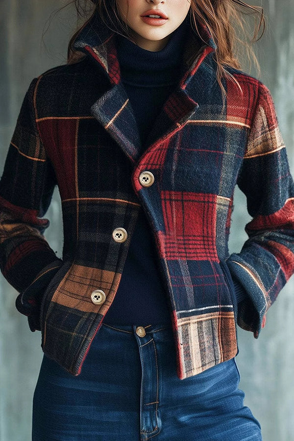 Vintage Plaid Print Casual Long Sleeve Button-Down Jacket