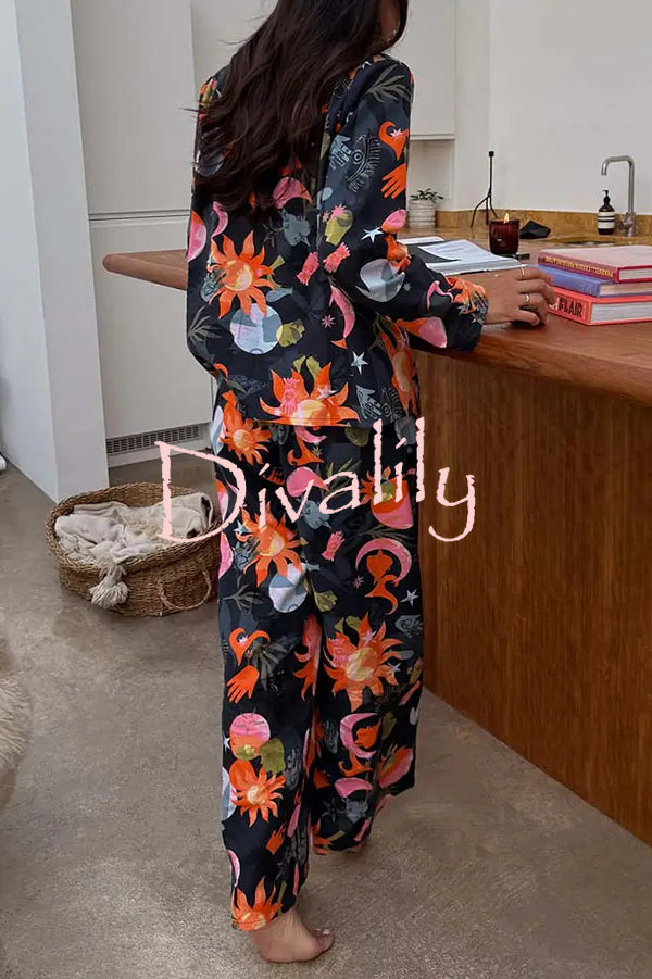 Evening Routine Unique Print Color-block Trim Loose Shirt and Elastic Waist Pocketed Pajama Set