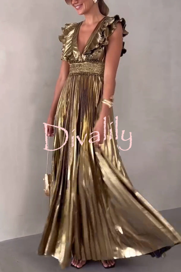 Party Season Metallic Fabric Pleated Smocked Waist Ruffles Sleeve Maxi Dress