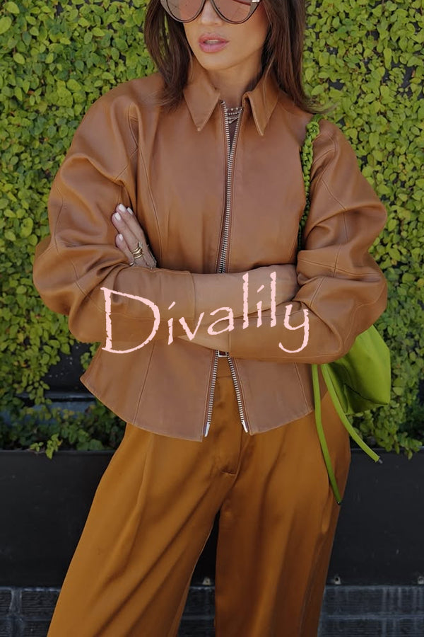 Pop of Brown Faux Leather Double Zipper Detail Balloon Sleeve Lapel Jacket