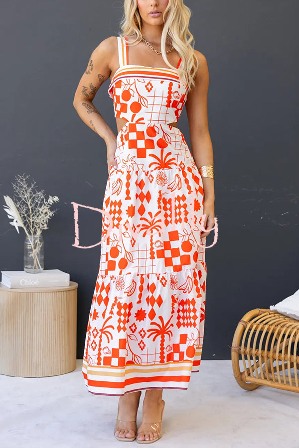 Unique Print Waist Cutout Back Gathered Suspender Maxi Dress