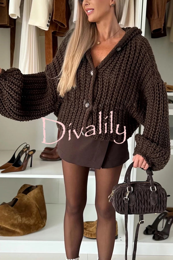 Warm Day Knit Button Up Long Balloon Sleeve Hooded Loose Cardigan
