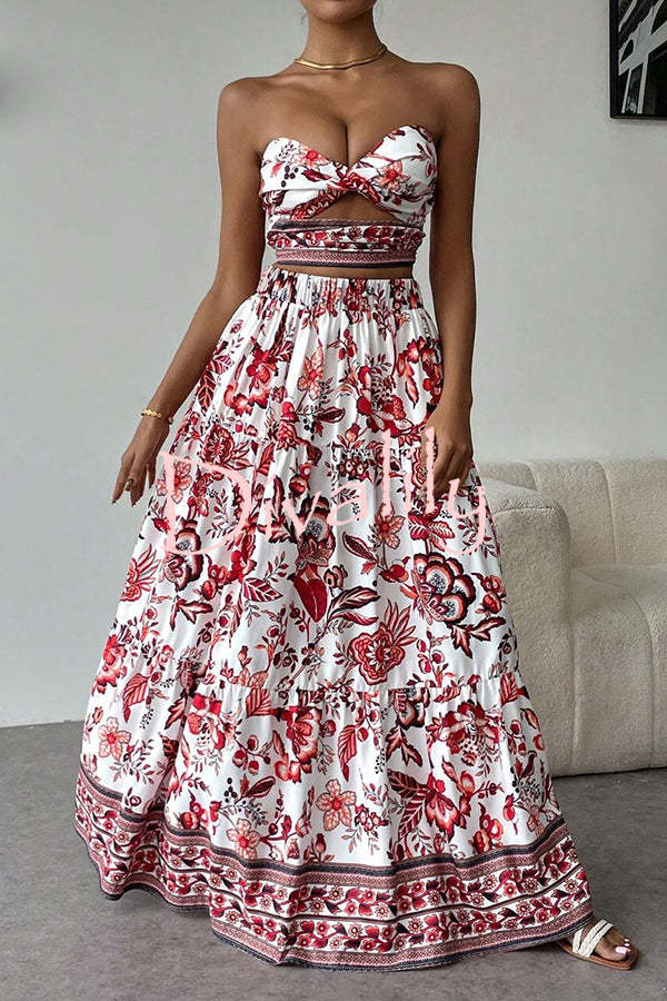 Floral Print Cutout Bandeau Top and Elastic Waist Full Maxi Skirt Set