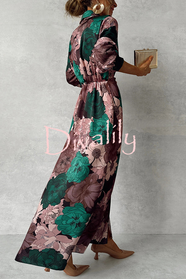 Floral Print Lapel Waisted Lace-up Long-sleeve Maxi Dress