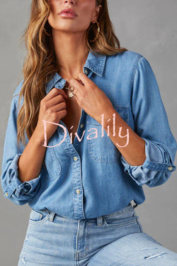 Solid Color Casual Lapel Single Breasted Pocket Long Sleeve Shirt