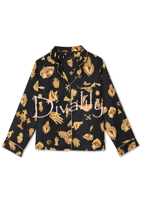 Golden Night Unique Print Color-block Trim Loose Shirt and Elastic Waist Pocketed Pajama Set