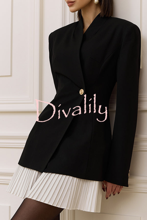 Fashionable Contrast Color Elegant Long Sleeve Pleated Suit Mini Dress