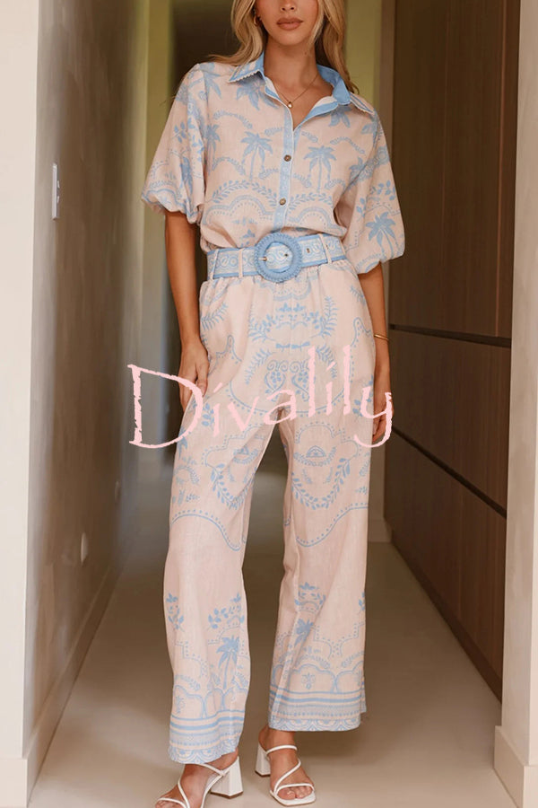Linen Blend Lapel Puff Sleeve Loose Shirt and Casual Pocket Straight Pants Set
