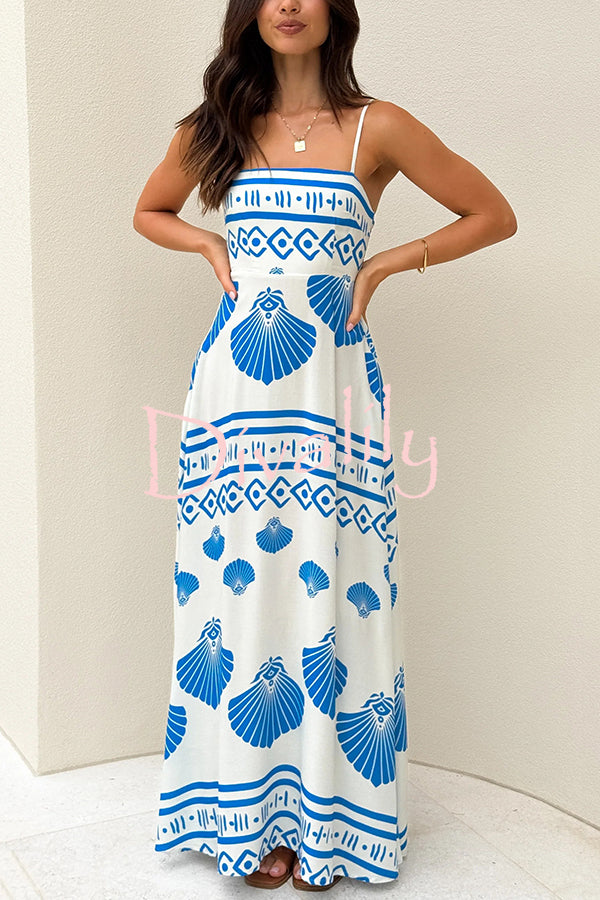 Shell Print Sling Pleated Holiday Maxi Dress