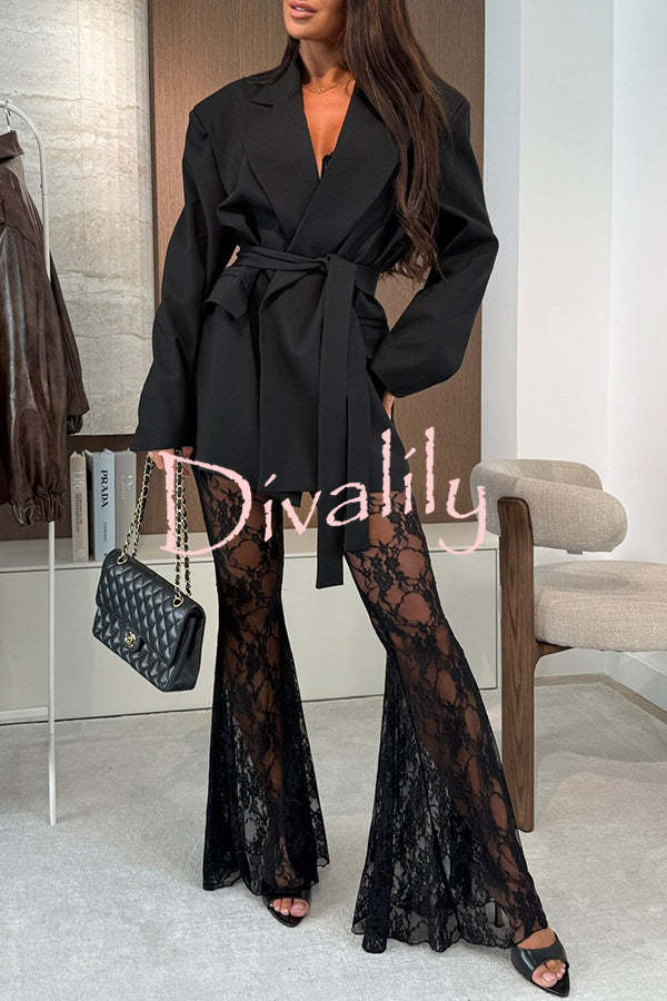 Chic Moment Floral Lace High Rise Elastic Waist Fishtail Hem Stretch Pants