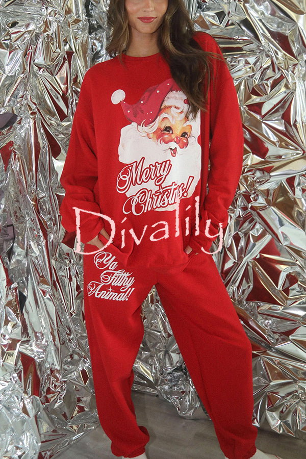 Christmas Santa Print Loose Round Neck Sweatshirt and Elastic Waist Casual Pants Set