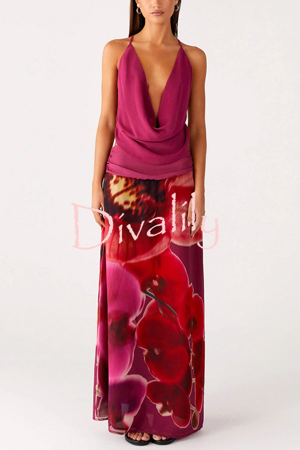 Sexy Deep V Backless Draped Camisole Top and Floral Print Chiffon Maxi Skirt Set