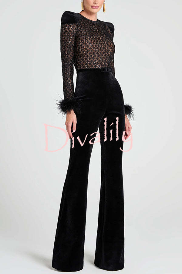 Monique Fish Scale Lace Sequin Velvet Patchwork Feather Trim Stretch Flare Jumpsuit