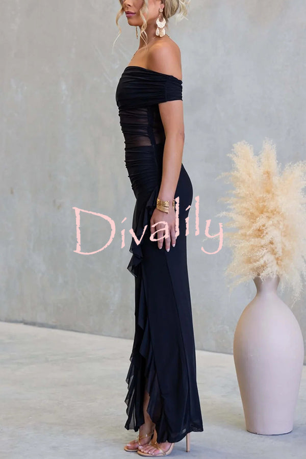 Sexy Mesh Off-shoulder Slim Fit Ruffled Slit Maxi Dress