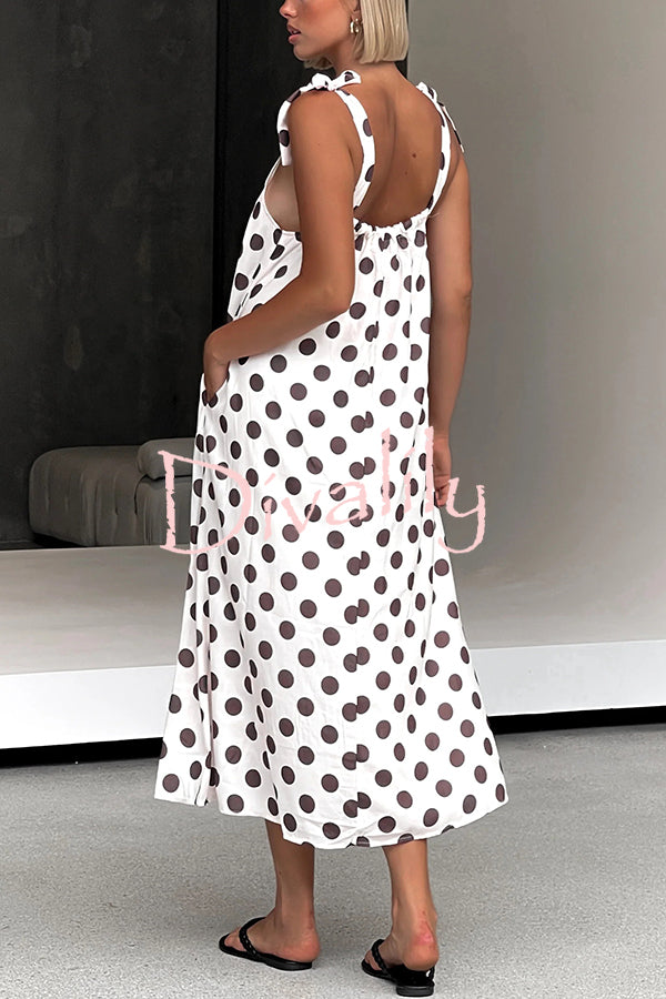 Polka Dot Print Suspenders Strappy Backless Loose Pocket Midi Dress