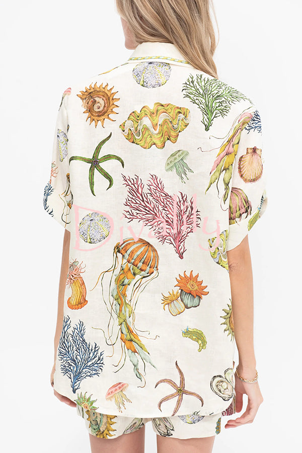 Beach Shell Print Short Sleeve Loose Shirt and Elastic Waist Tie Casual Pocket Shorts Set
