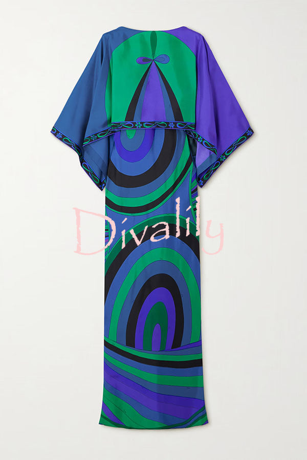 Mykonos Getaway Satin Unique Print Flowy Cape Sleeve Maxi Dress
