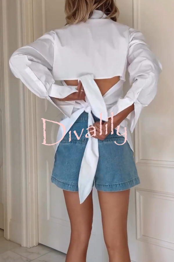 Fall for That Button Long Sleeve Open Back Tie Detail Blouse