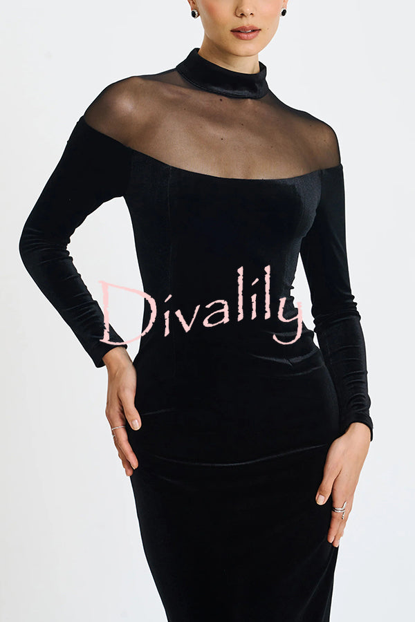 Fashionable Velvet and Mesh Spliced long-sleeved Slim-fit Maxi Dress