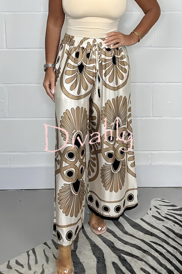 Satin Unique Printed Elastic Waist Tie Casual Vacation Loose Pants