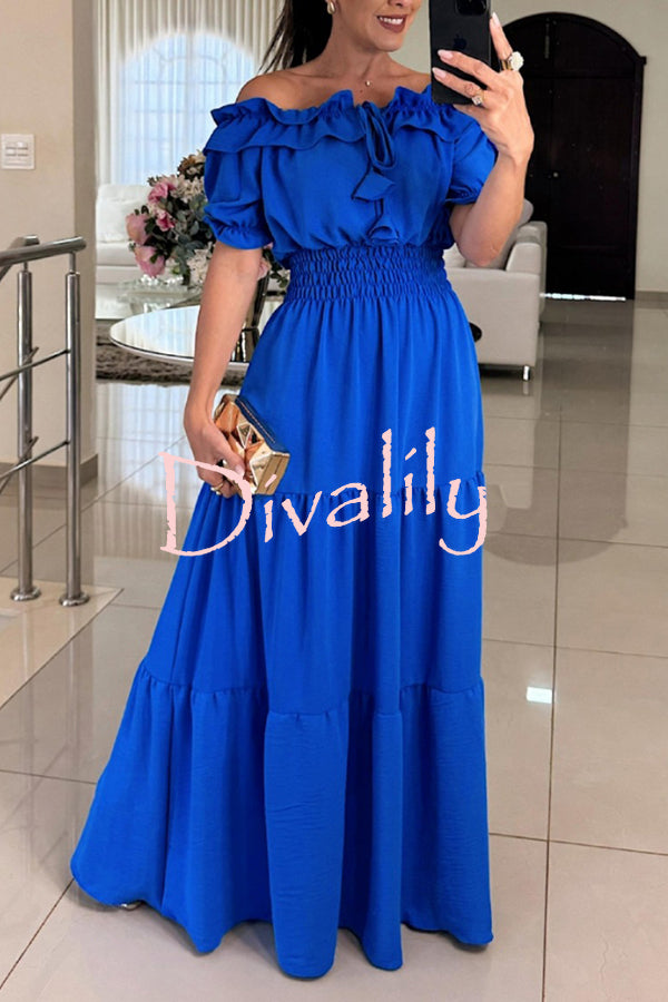 Admit Your Feelings Off Shoulder Smocked Waist Maxi Dress