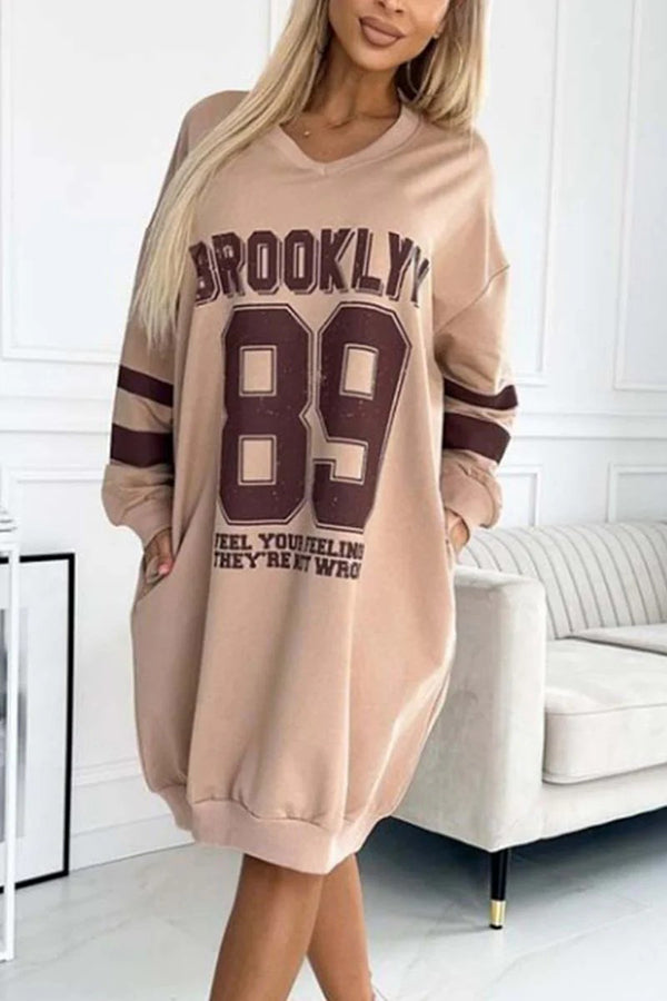 Sporty Jersey Style Digital Print Long Sleeve Pocket Sweatshirt Mini Dress