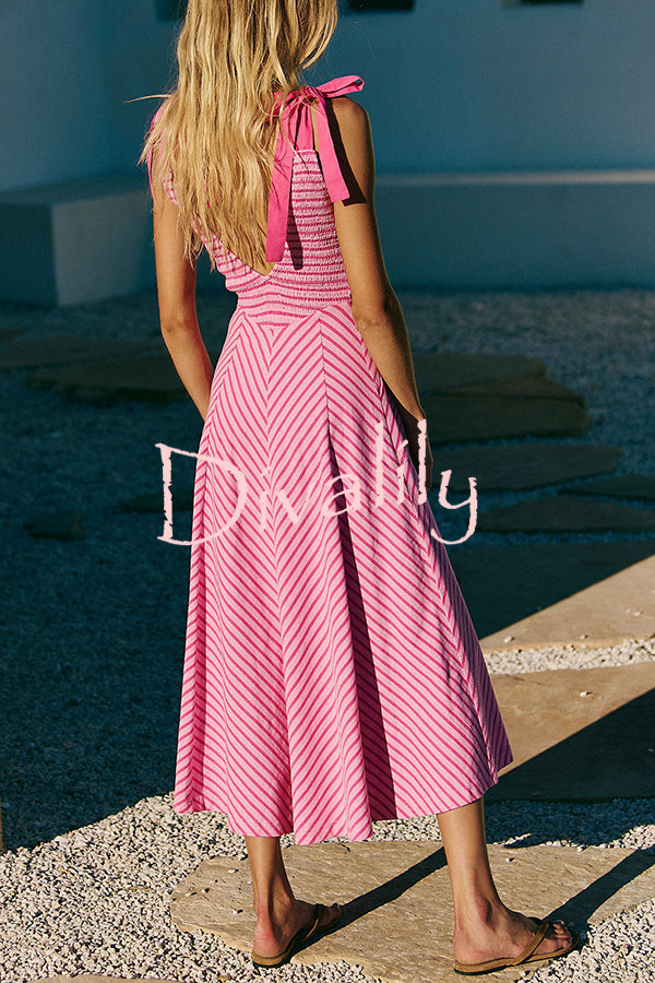 Striped Print V-Neck Lace-Up Backless Holiday Midi Dress
