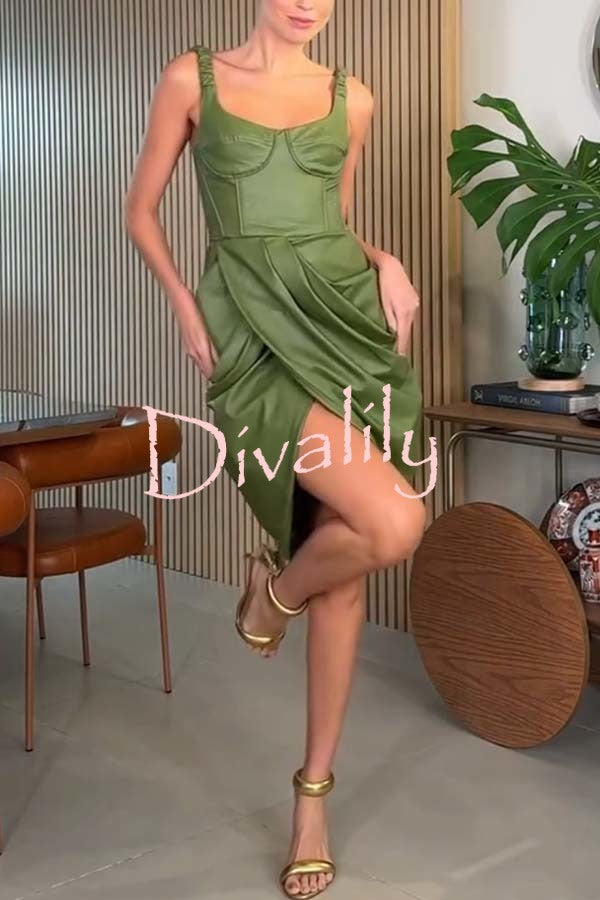 Fashion Choice Faux Leather Corset Ruched Back Zipper Mini Dress