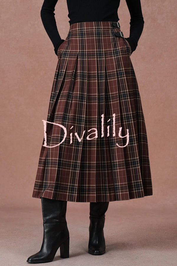 Yehudit Plaid Belt Buckle Design High Rise Pocket Midi Umbrella Skirt
