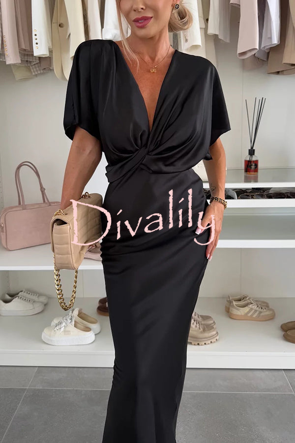 Satin Solid Color V-neck Cross Knot Slim Maxi Dress