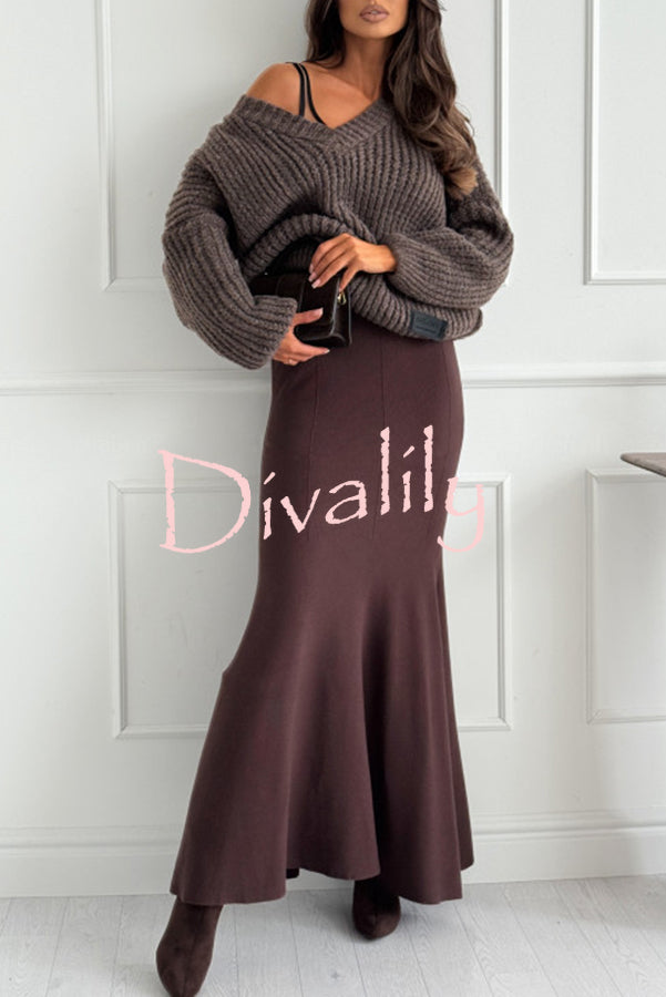 Caitlin Knit Stretch Fabric High Waist Fishtail Casual Maxi Skirt