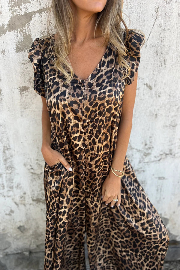 Leopard Print V-neck Backless Lace-up Loose Pocket Wide-leg Jumpsuit