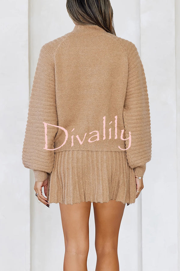 Solid Color Round Neck Puff Sleeve Loose Knit Sweater and Casual Striped Mini Skirt Set
